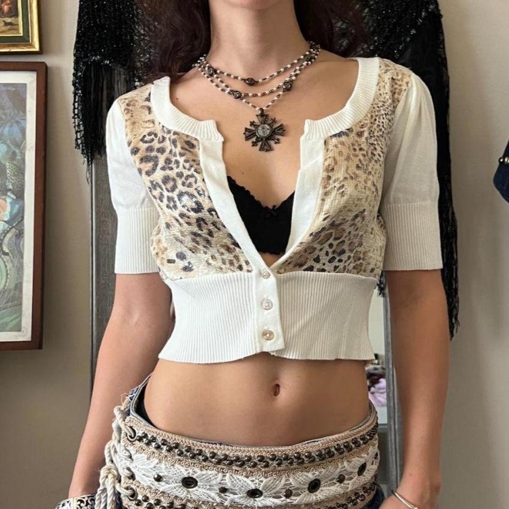 XOXO Vintage 2000s White Cropped Cardigan Sequin Leopard Print Y2K Top M